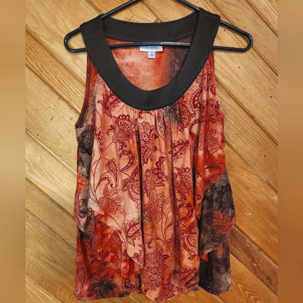 Dressbarn medium 3 tiered burned out velvet detailed red orange sleeveless